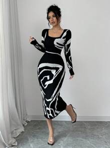 Elenzga Women Patchwork Fitted Waist Long Sleeve Elegant Knit Sweater Dress Fall Winter Cloth For Women