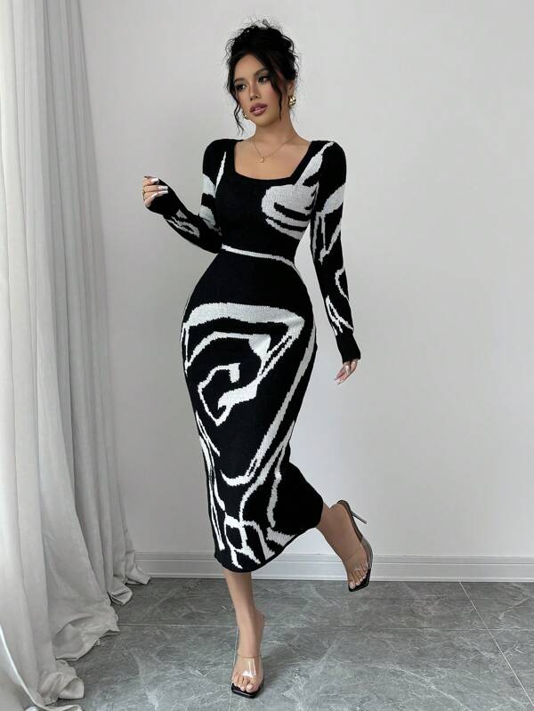 Elenzga Women Patchwork Fitted Waist Long Sleeve Elegant Knit Sweater Dress