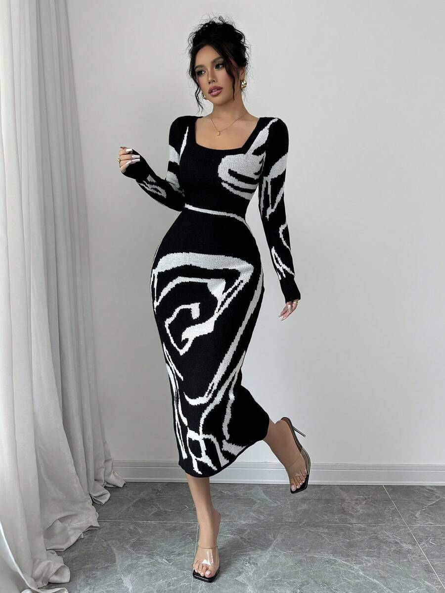 Elenzga Women Patchwork Fitted Waist Long Sleeve Elegant Knit Sweater Dress Fall Winter Cloth For Women