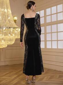SHEIN Belle Vestido largo de encaje vintage ajustado a la cintura, elegante y delgado, adecuado para otoño e invierno, vestido formal de noche de manga larga en color negro para evento de graduación, cena o como invitada de boda