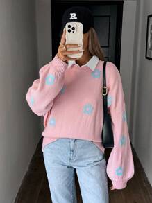 SHEIN Unity Women's Regular Fit Floral Pattern Pullover Sweater, Knit Pullover Fall Winter - Multicolor - View 4
