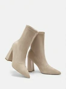 CUCCOO BIZCHIC Women Plus Size Chunky Heel Pointed Toe Suede Knit Ankle Boots, Apricot Color, Suitable For Commute, Date, Party And Gathering New Year Holiday - Apricot - View 6