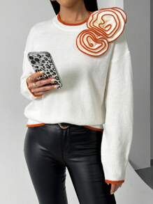 SHEIN Unity Women's Drop Shoulder 3D Floral Edged Orange Sweater, Knit Pullover Fall Winter - Beige - View 6