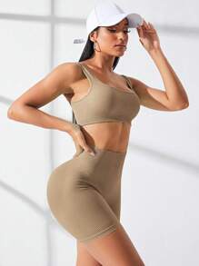 Easithlete 厚罗纹纹理运动服套装，骑行健身，深 U 型性感背部，高腰瘦身，提臀健身套装健身女士套装 - 卡其色 - 查看 5