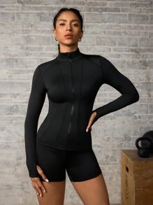 Eassivo Eassivo 1pc Women's Solid Color Zipper Collar Mesh Splice Sports Jacket With Thumb Hole - Black - View 1