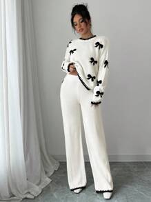 Chiquease 秋冬保暖蝴蝶结点缀色块边缘宽松毛衣套头衫和松紧腰带阔腿舒适裤两件套蝴蝶结