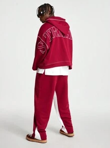 Manfinity VCAY Men Embroidered English Letter Loose Knit Long Sleeve Sweatshirt Set - Burgundy - View 1