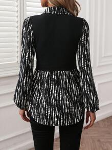 SHEIN LUNE 女士休闲拼色灯笼袖几何印花立领度假上衣，适合秋冬季 - 彩色 - 查看 2