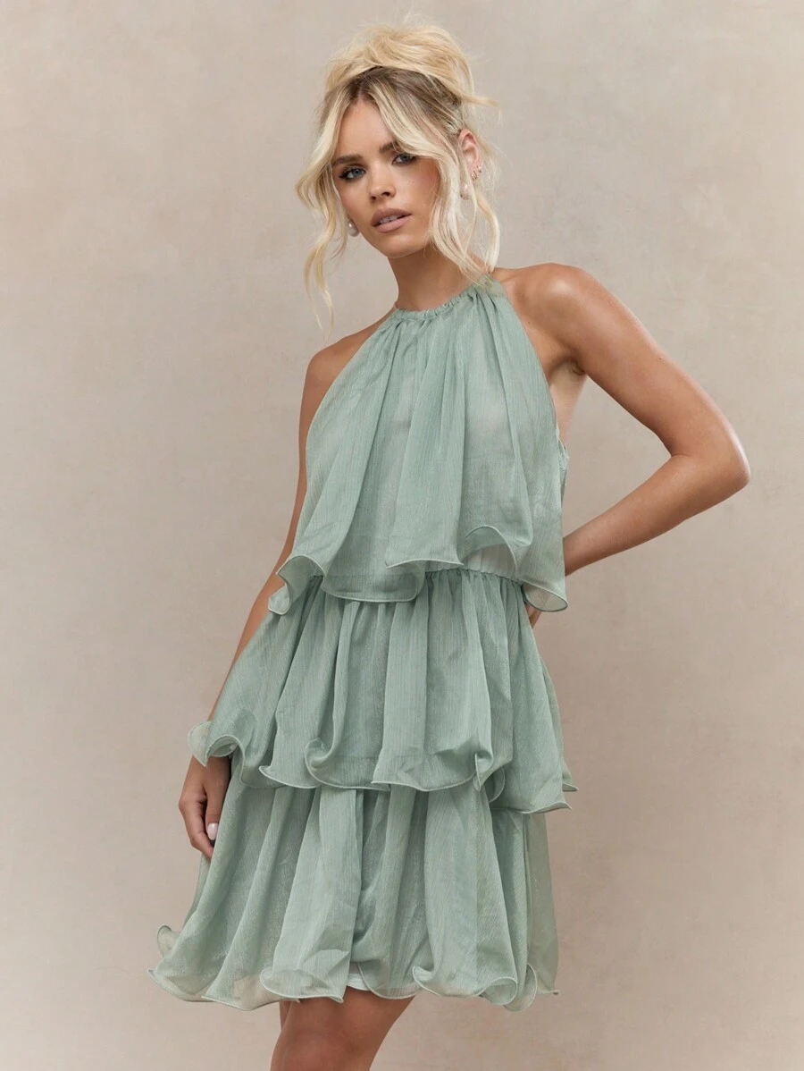 MISSGUIDED 波西米亚风层叠荷叶边露背迷你连衣裙可爱吊带裙圣诞节 - 綠色 - 查看 1