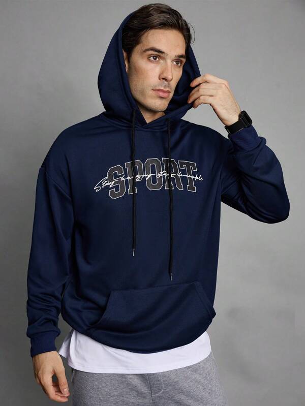Manfinity Sport Polished Boyfriend Style Men's Letter Print Drawstring Hooded Casual Sport Sweatshirt