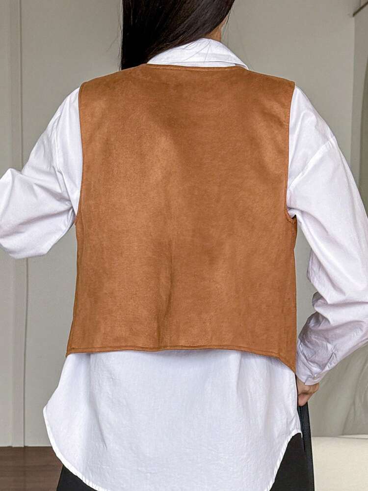 Women's Solid Color Single Breasted V-Neck Casual Vest Jacket, Autumn