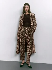 Maija Women's Autumn Loose Leopard Print Self-Tie Belt Double-Breasted Real Pockets Large Lapel Drape Long Leopard Printed Trench Coat