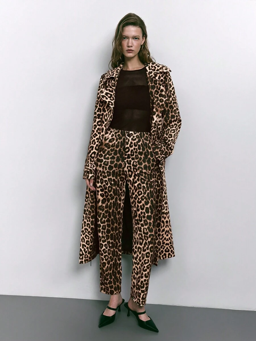 Maija Women's Autumn Loose Leopard Print Self-Tie Belt Double-Breasted Real Pockets Large Lapel Drape Long Leopard Printed Trench Coat
