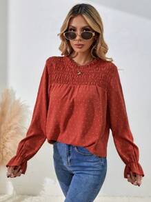 SHEIN LUNE Camisa informal de manga larga con lunares suizos, otoño