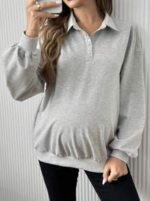 SHEIN Maternity Plain Front Button Long Sleeve Casual Sweatshirt, For Winter