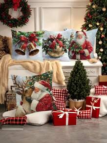 4 Packs Christmas Throw Cushion Covers , Santa Claus & Reindeer Holiday Patterns, Zippered, Machine Washable Pillow Cover, Festive Decor For Various Rooms,Polyester Fabric, For Home Sofa, Bedroom, Living Room Decor (Insert Not Included) - Multicolor - View 8