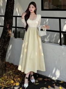 DAZY Women Elegant Long Contrast Lace Dress, Suitable For Autumn Long Sleeve Dress Maxi Dress - Apricot - View 5