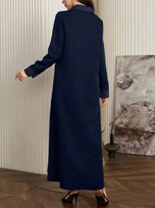 Al Najma 女式条纹长袖 Polo 领休闲宽松阿拉伯连衣裙，休闲朴素 A 字形全长阿拉伯连衣裙，适合休闲日常/家居服 - 藍色 - 查看 2