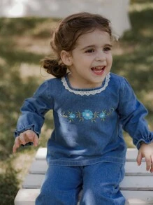 SHEIN 2 件套女婴牛仔刺绣上衣和阔腿裤套装 - 藍色 - 查看 3