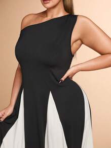 SHEIN BAE Váy chữ A không tay chéo vai thanh lịch cỡ lớn cho nữ màu đen trắng nối liền màu tương phản, phù hợp để đi làm, hẹn hò, dự tiệc - màu đen - Xem 9