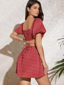 Travachic Đầm ngắn tay khoét sâu màu trơn đơn giản cho nữ - Màu đỏ tím - Xem 2