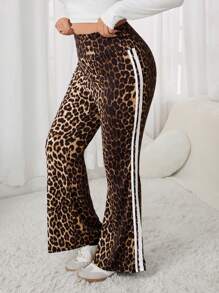 SHEIN EZwear Quần ống loe họa tiết sọc và báo khối màu thời trang cỡ lớn cho nữ - Nhiều màu - Xem 5