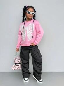 SHEIN Explorewe Tween Girl 女童休闲百搭优雅蝴蝶结贴花图案圆领长袖上衣和工装裤套装，适合上学、度假和户外穿着，秋冬季 - 粉色 - 查看 5