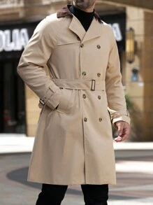 Manfinity Homme Abrigo de gabardina informal de doble botonadura con cuello de contraste para hombre, primavera otoño