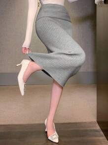 DAZY Women's Elegant Solid Color Bodycon Sweater Skirt, Autumn/Winter - Light Grey - View 1