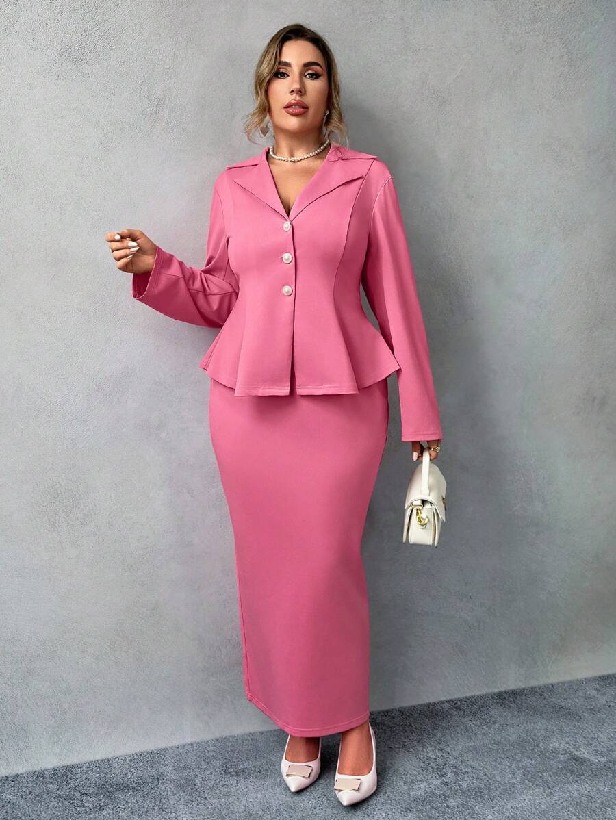 Flirla 2pcs/Set Plus Size Cinched Waist Ruffle Hem Shirt And Skirt Set - Hot Pink - View 1