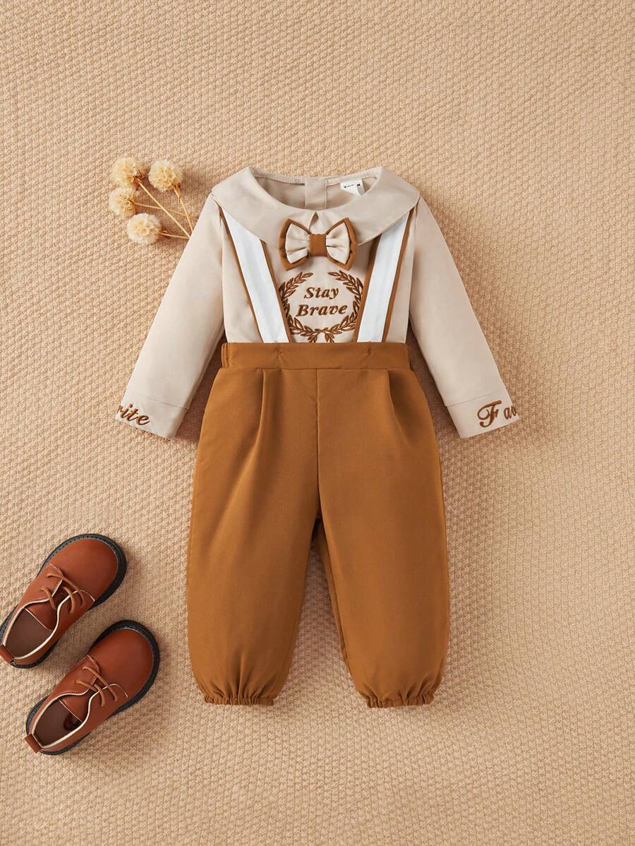 SHEIN European & British Style Gentleman's Outfit, Olive Leaf Embroidered English Text Collar Casual Shirt + Bow Tie + Suspender Pants 2pcs Set, Dapper & Fashionable Suitable For Birthday Party, Wedding, Large Events - White - View 1