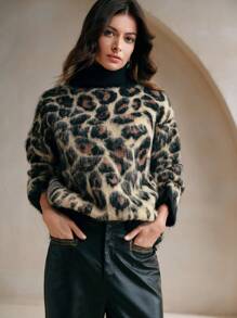 Anewsta Retro Leopard Print Turtleneck Sweater, European And American Style - Brown - View 7