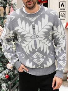Manfinity Homme Men's Grey Autumn Casual Matching Family Geometric Pattern Drop Shoulder Loose Knit Long Sleeve Graphic Color Block Chunky Sweater,For Christmas Party - Grey - View 4
