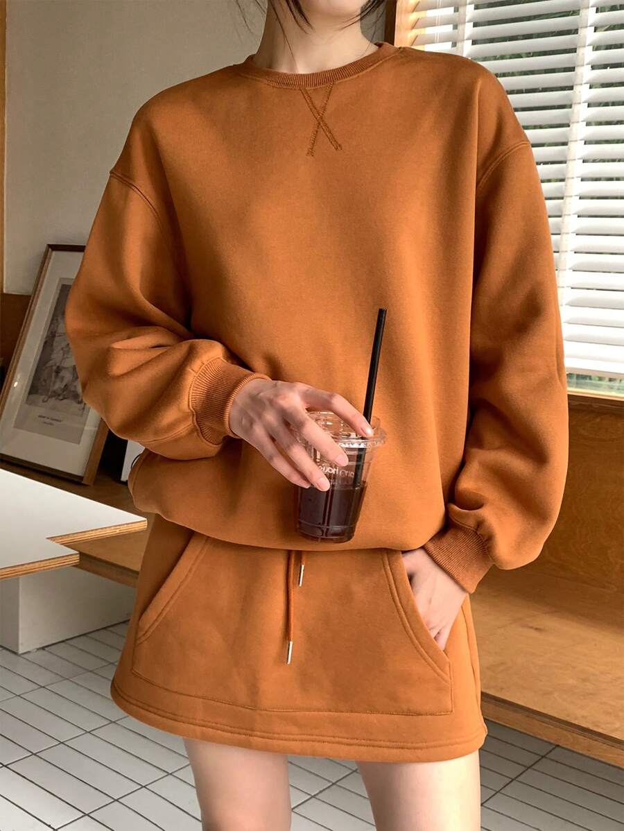 INAWLY 2 件女式纯色圆领长袖上衣和短裤休闲套装 - 駝色 - 查看 1