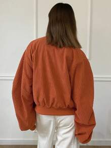 DAZY 女士灯芯绒宽松长袖收褶领拉链夹克，秋季女装 - 橘色 - 查看 2