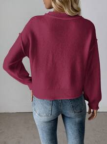 SHEIN LUNE 新款纯色毛边口袋长袖上衣，女士休闲套头毛衣，秋冬针织衫 - 酒紅色 - 查看 2