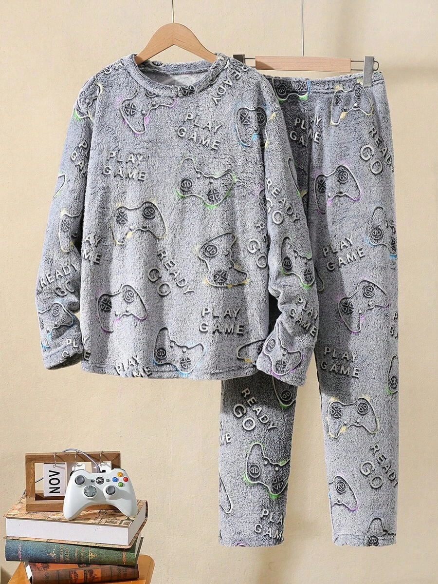 青少年男孩舒适温暖灰色简约游戏夜光蓬松长裤和长袖两件套睡衣套装 - 灰色 - 查看 1