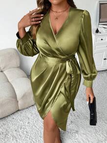 SHEIN Clasi 1 件长袖优雅缎面裹身系带连衣裙 - 橄欖綠 - 查看 3