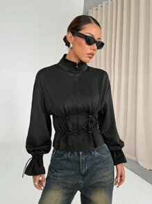 SHEIN Unity 1 Áo khoác nữ tay dài màu trơn có khóa kéo phía trước với thiết kế dây rút co giãn - màu đen - Xem 3