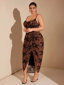 SHEIN BAE 加大码女式 V 领细肩带荷叶边黑色植绒优雅中长连衣裙，女士生日礼服