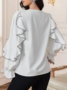 Modelyn Blusa elegante de mujer con volantes, decoración de perlas falsas y mariposa, para otoño