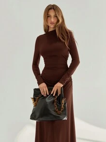 Aloruh 女式不对称褶皱长袖高领 A 字紧身长裙红色连衣裙，适合秋冬季