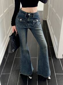 DAZY Women's Distressed Wash Pocketed Flared Leg Jeans - Medium Wash - View 3