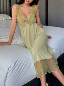 DAZY Romantic Mesh & Lace Patchwork Ruffle Trim Backless Camisole Nightgown Pajama - Green - View 3