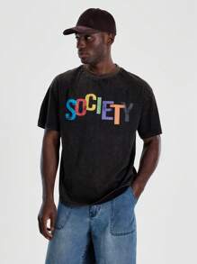 Musero Short Sleeve Crew Neck Graphic "SOCIETY" Print Tshirt Top Spring Summer Essentials - Black - View 4