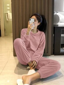 DAZY Minimalist Flannel Thickened Women Pajama Set, Winter - Pink - View 3