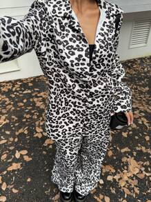 SHEIN EZwear 2 piezas/Set camisa de manga larga con estampado de leopardo casual y pantalones de pierna ancha, primavera y otoño - Caqui - Ver 5