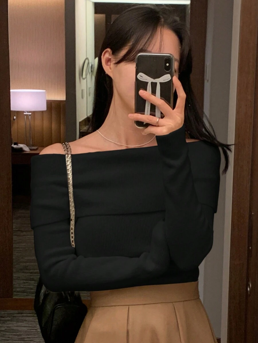 DAZY 女士纯色露肩长袖休闲毛衣,秋冬露肩毛衣,秋季女装 - 黑色 - 查看 1