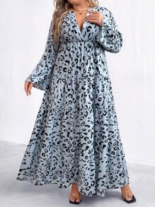 SHEIN LUNE Váy tay loe cổ chữ V họa tiết da báo thanh lịch, tay dài cỡ lớn - Màu Xám nhạt - Xem 1