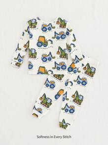 Cozy Pixies 2pcs/Set Baby Boy Cartoon Car Print Snug Fit Pajama Set - Soft Knit Round Neck Long Sleeve Top And Pants, Suitable For Spring, Summer, Autumn